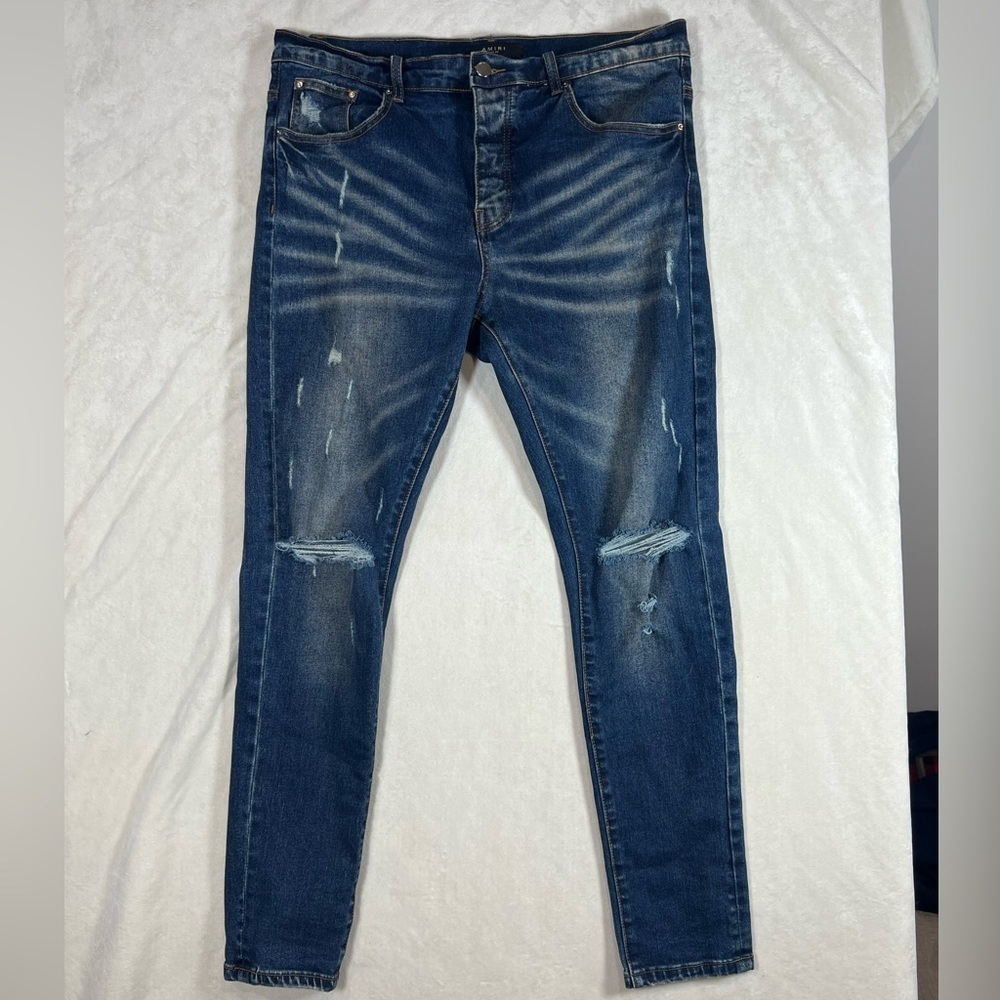 AMIRI Size 34W Dark Wash Distressed Jeans Designer Authentic Denim EUC